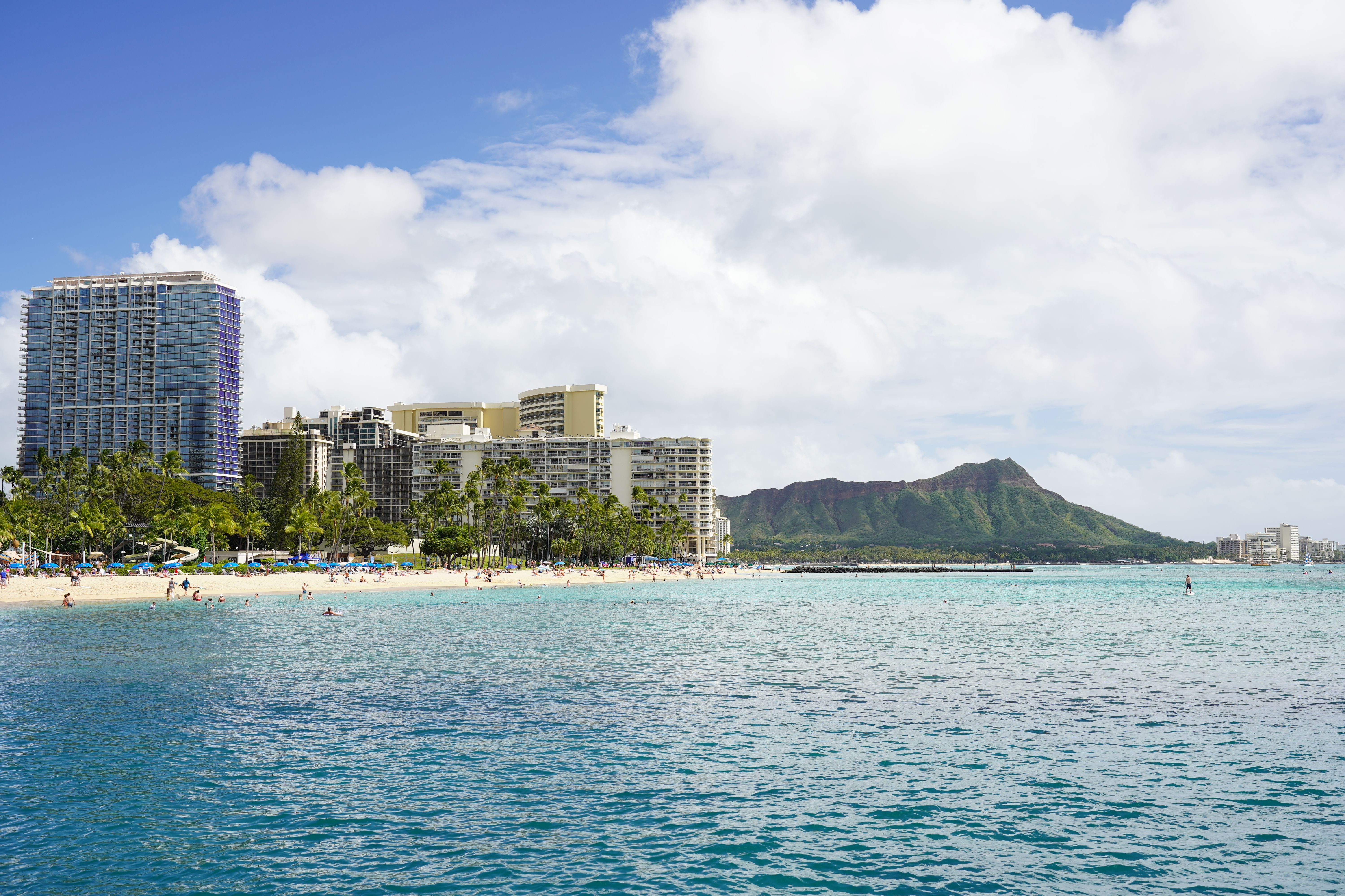 Diamond Head crater and Waikiki Beach skyline in Honolulu, Oahu